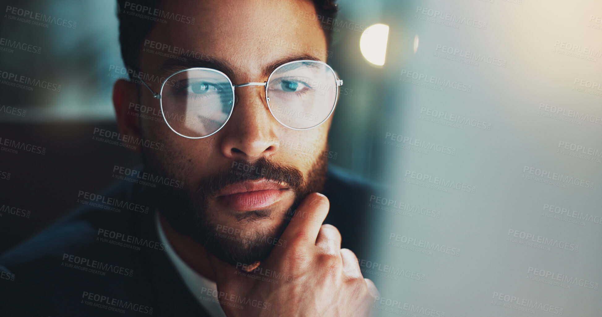 Buy stock photo Night, glasses and man in office with computer, thinking and reflection for online project at digital agency. Research, overtime and businessman at desk reading email, report or review at startup