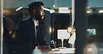 Night, research and man in office with computer, business plan and ideas for online project at digital agency. Startup, overtime and businessman at desk checking email, report or review on website