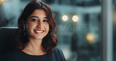 Buy stock photo Night, smile and portrait of Indian woman in office with confidence, opportunity and ambition at startup agency. Business, professional and happy consultant with pride, overtime and working late.