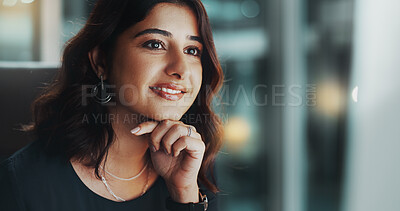 Buy stock photo Night, thinking and Indian woman in office with computer, business plan and ideas for online project at digital agency. Research, overtime and consultant reading email, report or review at startup