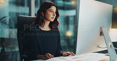 Buy stock photo Night, typing and woman in office with computer, business plan and ideas for financial project at digital agency. Research, overtime and consultant at desk checking email, tax report or sales review