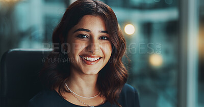 Buy stock photo Night, happy and portrait of Indian woman in office with confidence, opportunity and ambition at startup agency. Business professional, overtime and consultant with pride, smile and working late.