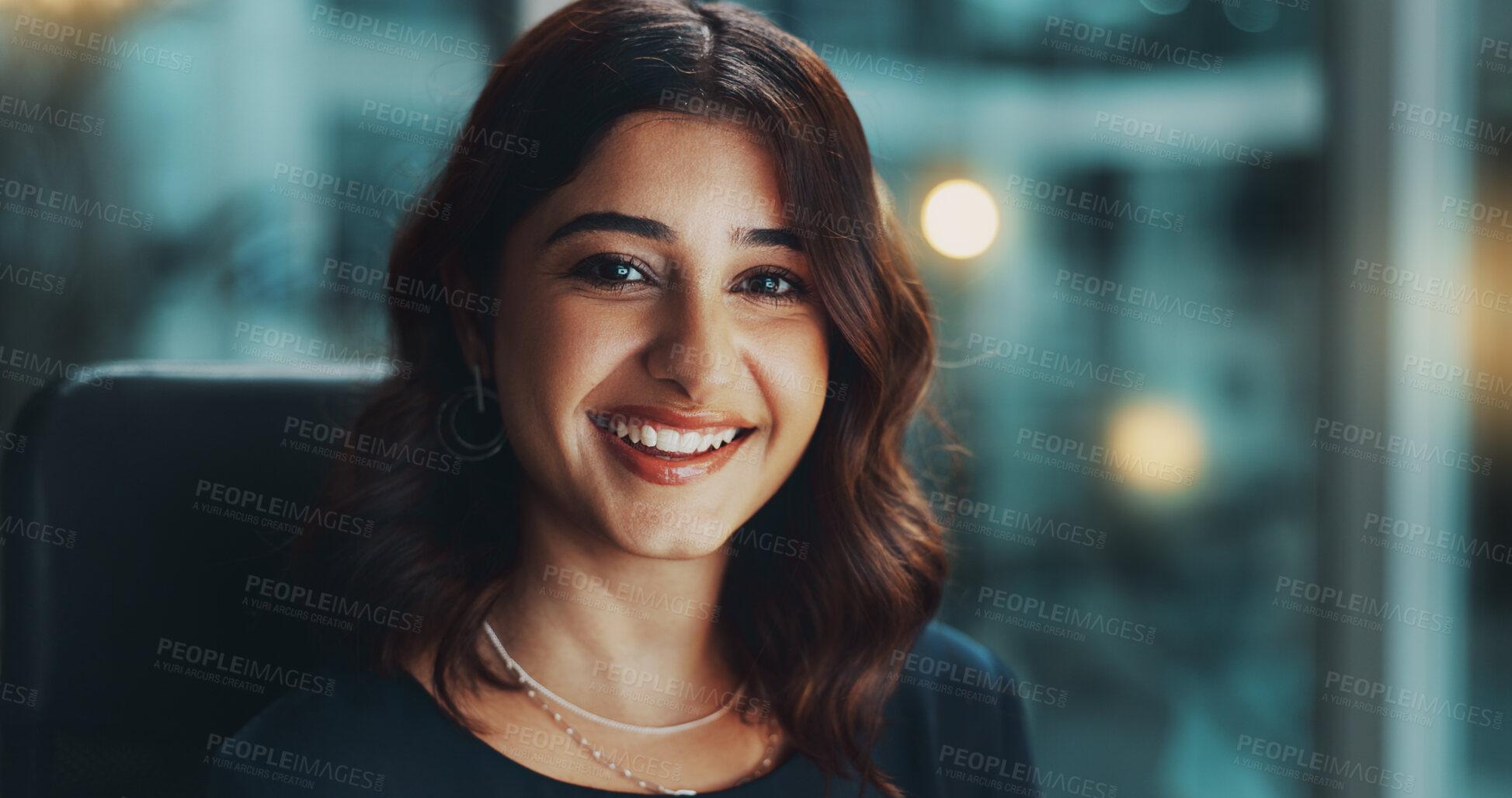 Buy stock photo Night, happy and portrait of Indian woman in office with confidence, opportunity and ambition at startup agency. Business professional, overtime and consultant with pride, smile and working late.