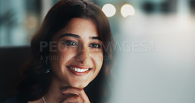 Buy stock photo Night, reading and Indian woman in office with computer, planning and feedback for online project at digital agency. Research, overtime and consultant checking email, report or web review with smile