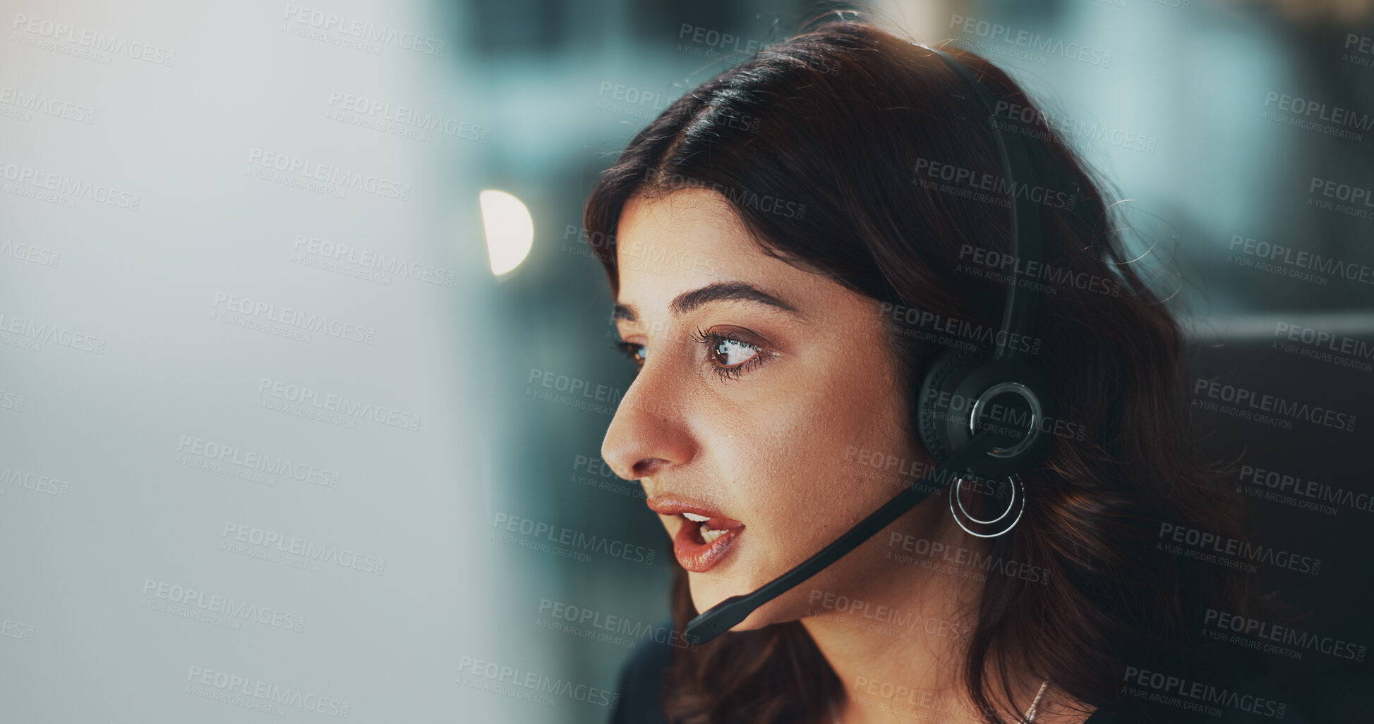 Buy stock photo Call center, computer and woman in office at night for international technical support consultation online. Headset, tech and customer service agent with multilingual translation for global client.