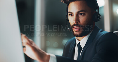 Buy stock photo Customer support, computer and man in office at night for international technical service consultation online. Headset, tech and male call center agent with multilingual translation for global client