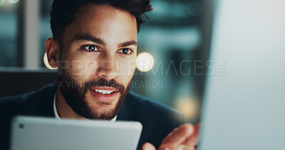 Buy stock photo Night, office and man with computer, tablet and business plan for online project ideas at digital agency. Research, overtime and businessman checking email, web report or feedback review at startup