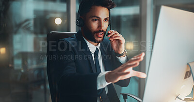 Buy stock photo Call center, computer and man in office at night for international technical support consultation online. Headset, tech and male customer service agent with multilingual translation for global client