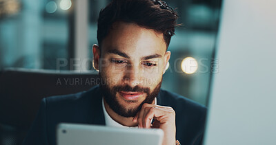 Buy stock photo Night, reading and man in office with tablet, smile and business plan for web project ideas at tech agency. Research, overtime and businessman with digital app for email, report or online schedule