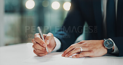 Buy stock photo Hands, document and businessman with pen for signature in office for finance agreement, deal or application. Hiring, paperwork and candidate writing for filling in recruitment contract for onboarding