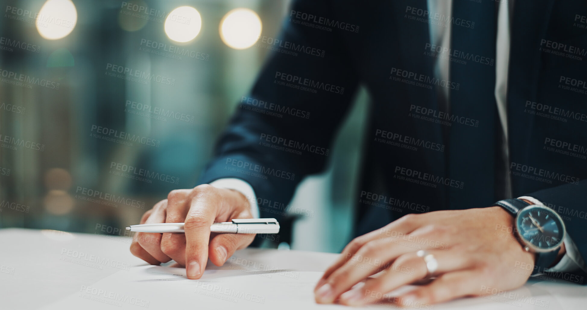 Buy stock photo Hands, contract and pen for signature in office for b2b corporate agreement, deal or registration. Writing, business paperwork and hr candidate for filling recruitment document for onboarding.