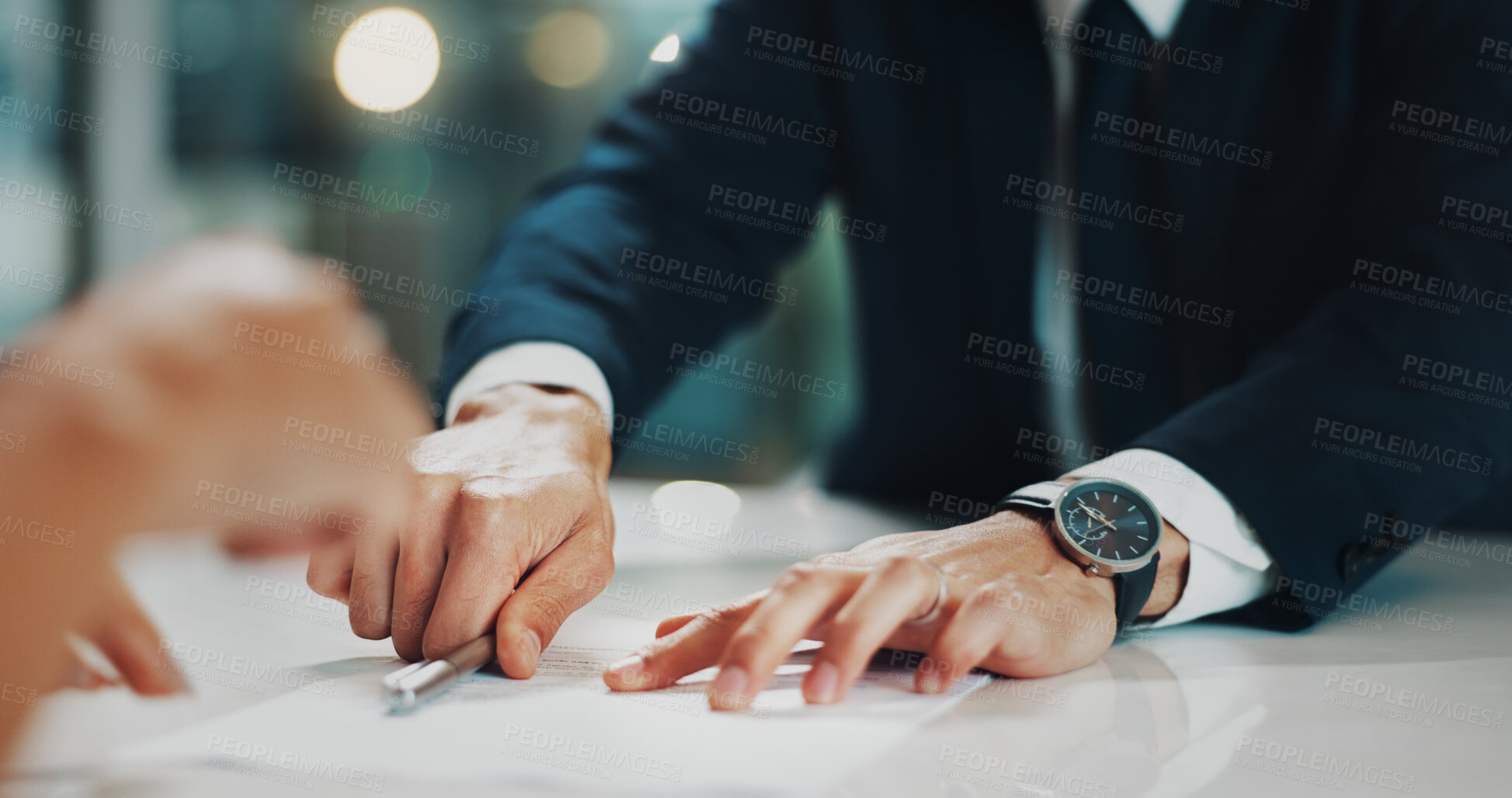 Buy stock photo Hands, document and pen for signature in office for b2b corporate agreement, deal or registration. Meeting, business paperwork and hr with candidate for filling recruitment contract for onboarding.