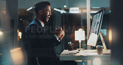 Buy stock photo Business man, computer and celebration at night for success, results and investment profit on screen. Financial analyst, tech and achievement in office for kpi goals, company revenue and networking