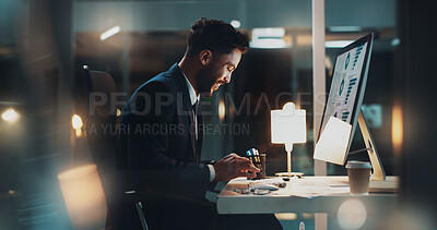 Buy stock photo Night, happy man or typing at computer for business, research or planning report presentation with stats on screen. Accountant, tech and smile in dark office for results for company finance growth