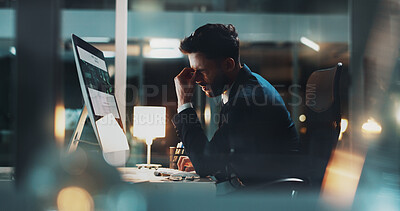 Buy stock photo Computer, night and stress with business man at desk in office for administration deadline. Burnout, eye strain and headache with reaction of employee in workplace for error, fail or mistake