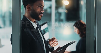 Buy stock photo Night, man and thinking in office with tablet, business planning or schedule with assistant. Accountant, tech or brainstorming in dark agency for company development with research for investment idea