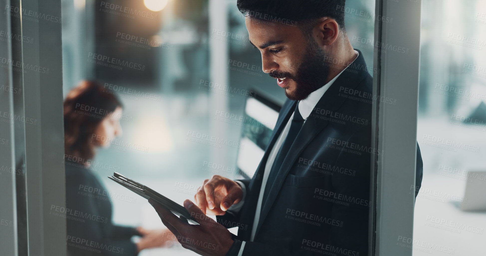 Buy stock photo Night, man or typing on tablet in office for business, planning or schedule with assistant. Accountant, tech or smile in dark agency for company development with research for investment opportunity