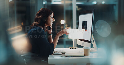 Buy stock photo Computer screen, woman or phone call for stock market planning, negotiation and trading ideas at night. Thinking, talking and portfolio management broker on technology for financial investment growth