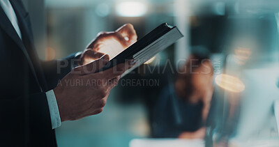 Buy stock photo Hands, night and tablet with business man in office for administration, report or research deadline. Corporate, internet and technology with professional employee closeup in workplace for development