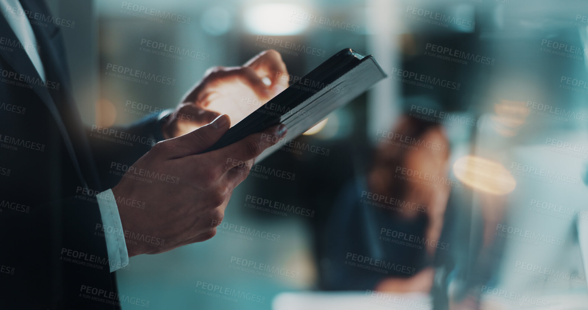 Buy stock photo Hands, night and tablet with business man in office for administration, report or research deadline. Corporate, internet and technology with professional employee closeup in workplace for development