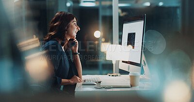 Buy stock photo Computer screen, finance woman or phone call for stock market negotiation, trading or portfolio management at night. Talking, financial or hedge fund advisor on technology for investment growth check