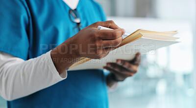 Buy stock photo Healthcare, nurse and hands with documents, writing and professional with records of diagnosis and clinic. Medical, paperwork and reading of report, review and information of form, office or hospital