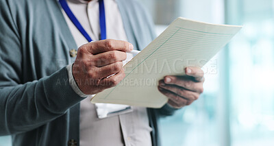 Buy stock photo Hands, medical chart and reading with patient records in healthcare or examination as therapist. Doctor, man and folder for prognostic results, review or illness as psychologist in hospital or clinic