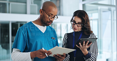 Buy stock photo People, document and meeting in clinic for healthcare, innovation and feedback with tablet. Hospital CEO, surgeon and patient report in lobby with results, advice or professional opinion for medicare