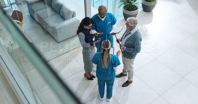 Buy stock photo Medical team, people and meeting at hospital for report, results and progress on healthcare project or feedback. Above, coworking and employees in discussion with brainstorming, planning and strategy