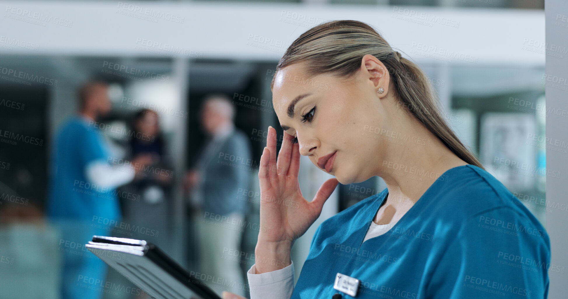 Buy stock photo Woman, nurse and stress in hospital with tablet, results and bad news in healthcare. Surgeon, tech and anxiety in lobby for research findings, patient report and overworked with fatigue or headache