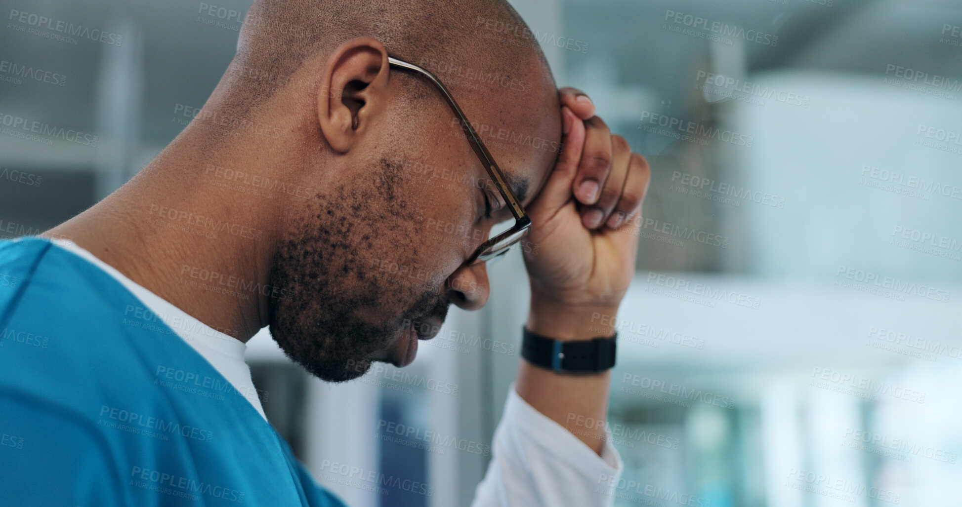 Buy stock photo Black man, doctor and stress in hospital for healthcare, mistake and regret in surgery. Surgeon, glasses and depression at window for crisis, overwhelmed and pressure with mental health awareness