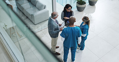 Buy stock photo Medical professionals, people and meeting at hospital for report, results and progress on healthcare project. Above, coworking and employees in discussion with brainstorming, planning and strategy