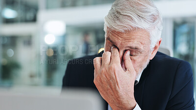 Buy stock photo Business, mature man and stress with hands on face at office on deadline, overtime and submission for project. Male person, employee and tired or overworked with burnout, exhausted and headache