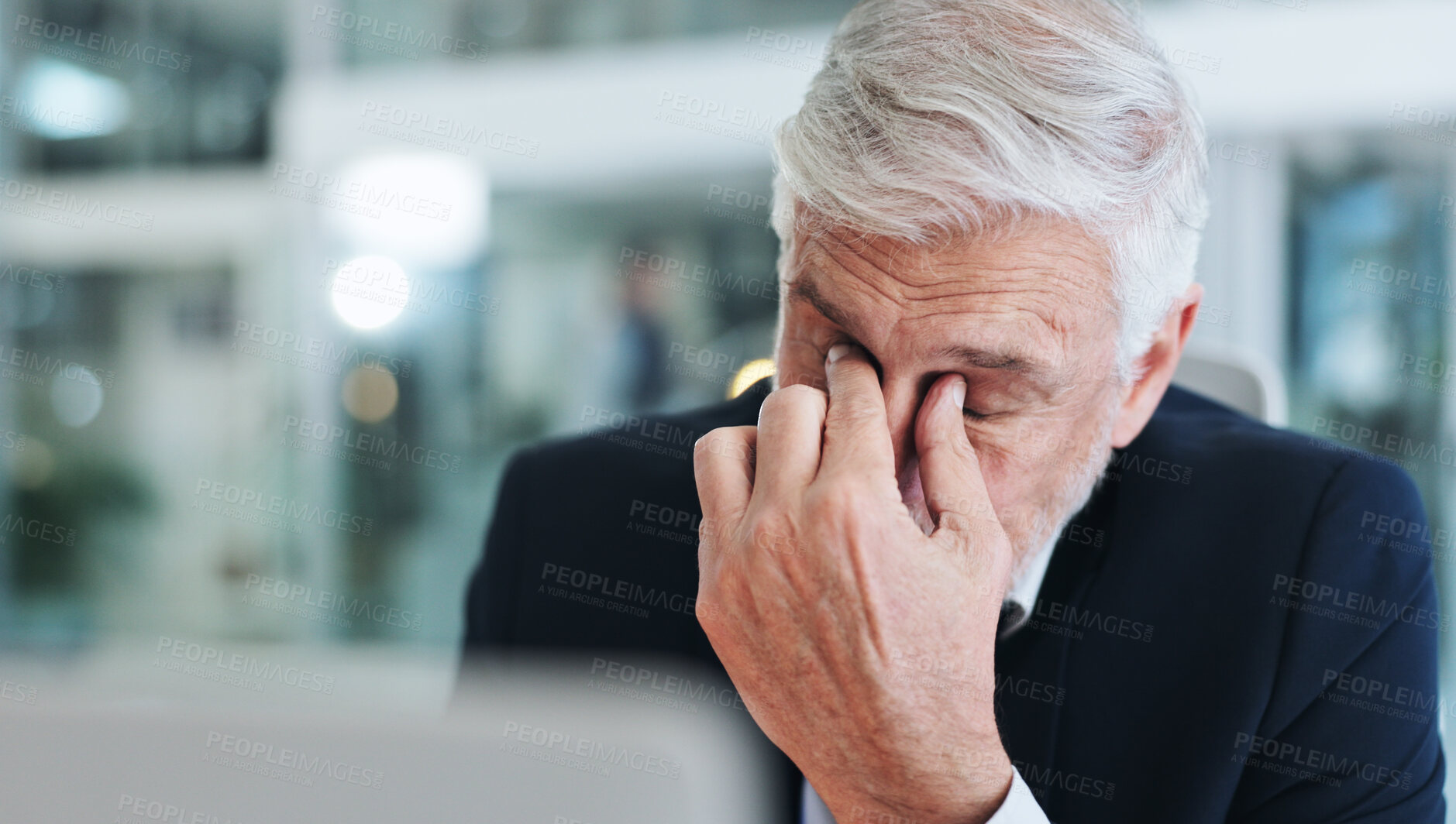 Buy stock photo Business, mature man and stress with hands on face at office on deadline, overtime and submission for project. Male person, employee and tired or overworked with burnout, exhausted and headache