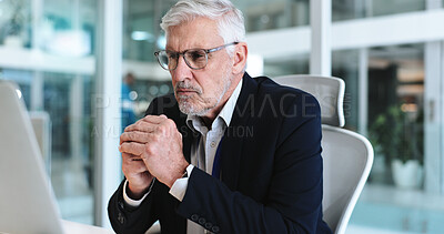 Buy stock photo Mature man, office and computer with reading, thinking and planning for business deal or negotiation. Male person, ideas and communication for email, website and project management in firm or company