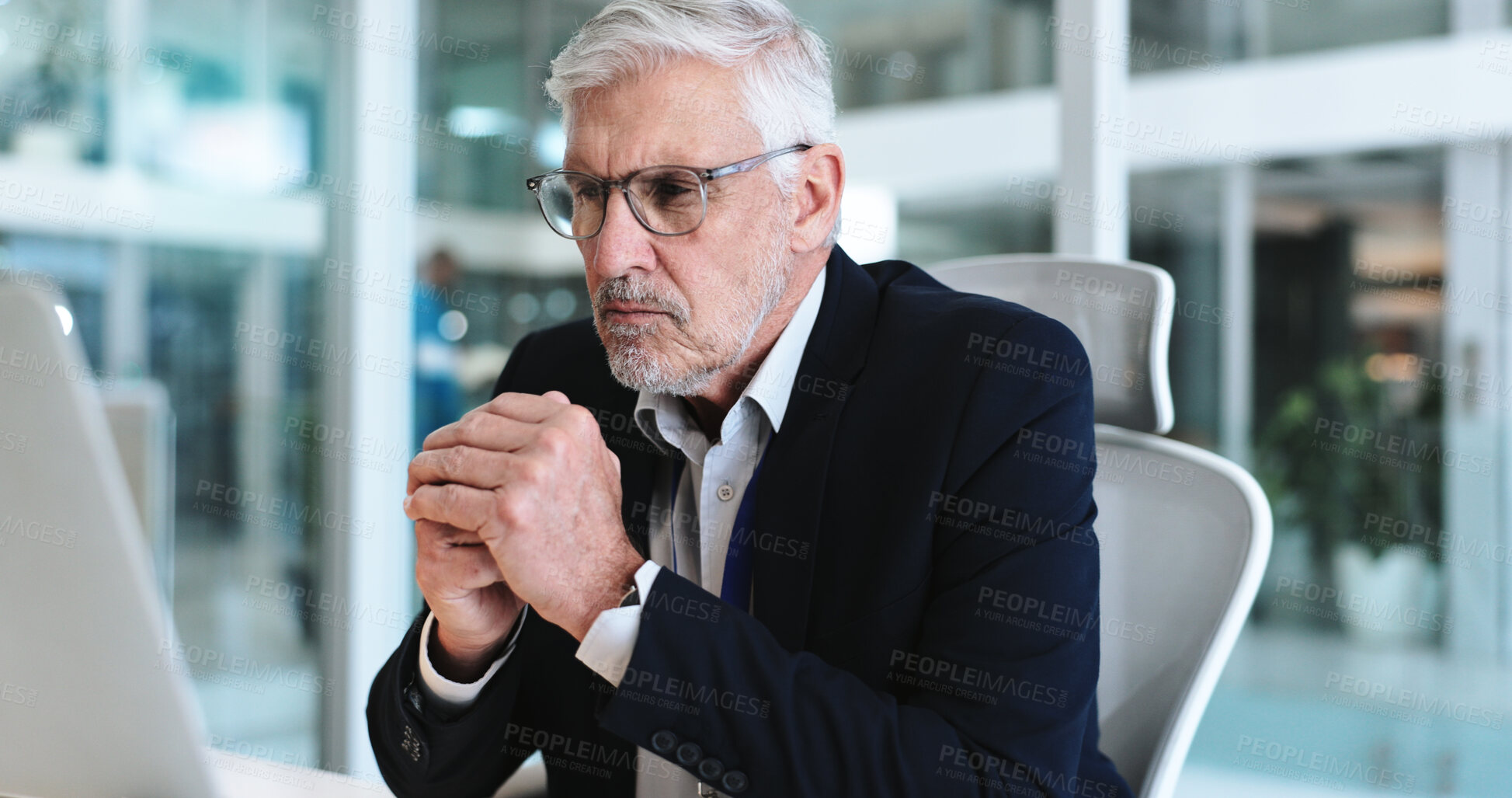 Buy stock photo Mature man, office and computer with reading, thinking and planning for business deal or negotiation. Male person, ideas and communication for email, website and project management in firm or company