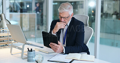 Buy stock photo Mature man, office and technology with reading, thinking or planning for business deal or negotiation. Male person, ideas and communication for email, website or project management in firm or company