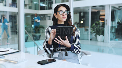 Buy stock photo Business woman, office and tablet with thinking, planning or research for vision, deal or negotiation. Female person, ideas and technology for email, website and project management in firm or company