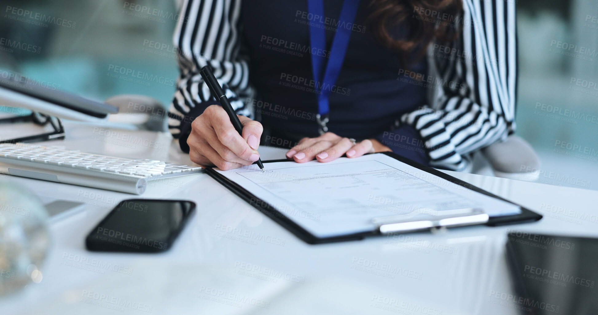 Buy stock photo Hands, medical chart and writing in patient record for healthcare or examination as therapist. Doctor, woman and folder for prognostic results, review or illness as psychologist in hospital or clinic