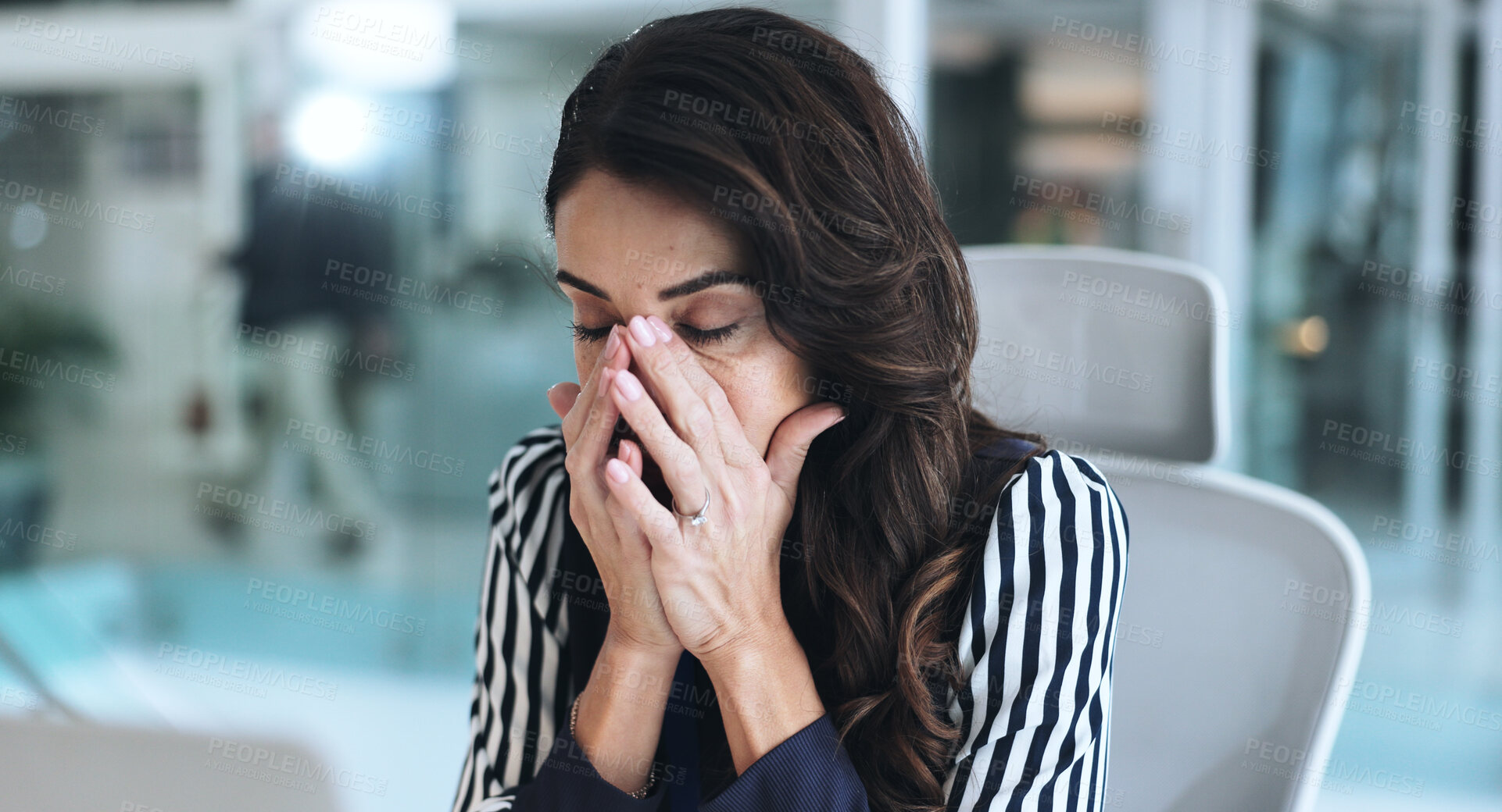 Buy stock photo Business, woman and stress with hands on face at office on deadline, overtime and submission for project. Female person, employee and tired or overworked with burnout, exhausted and headache