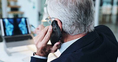 Buy stock photo Doctor, xray and phone call for patient records in healthcare,  examination or research on laptop screen. Back, man and tech with MRI results for orthopedic injury or illness as specialist in clinic
