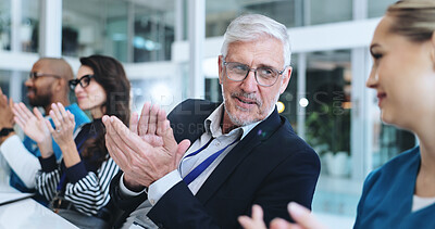 Buy stock photo Medical team, people and smile at office with applause for success, achievement and well done on promotion. Presentation, employees and happy on meeting in healthcare with clapping hands at boardroom