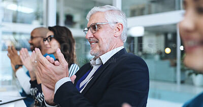 Buy stock photo Medical team, people and happy at boardroom with applause for success, achievement and well done on promotion. Presentation, employees and smile on meeting in healthcare with clapping hands at office