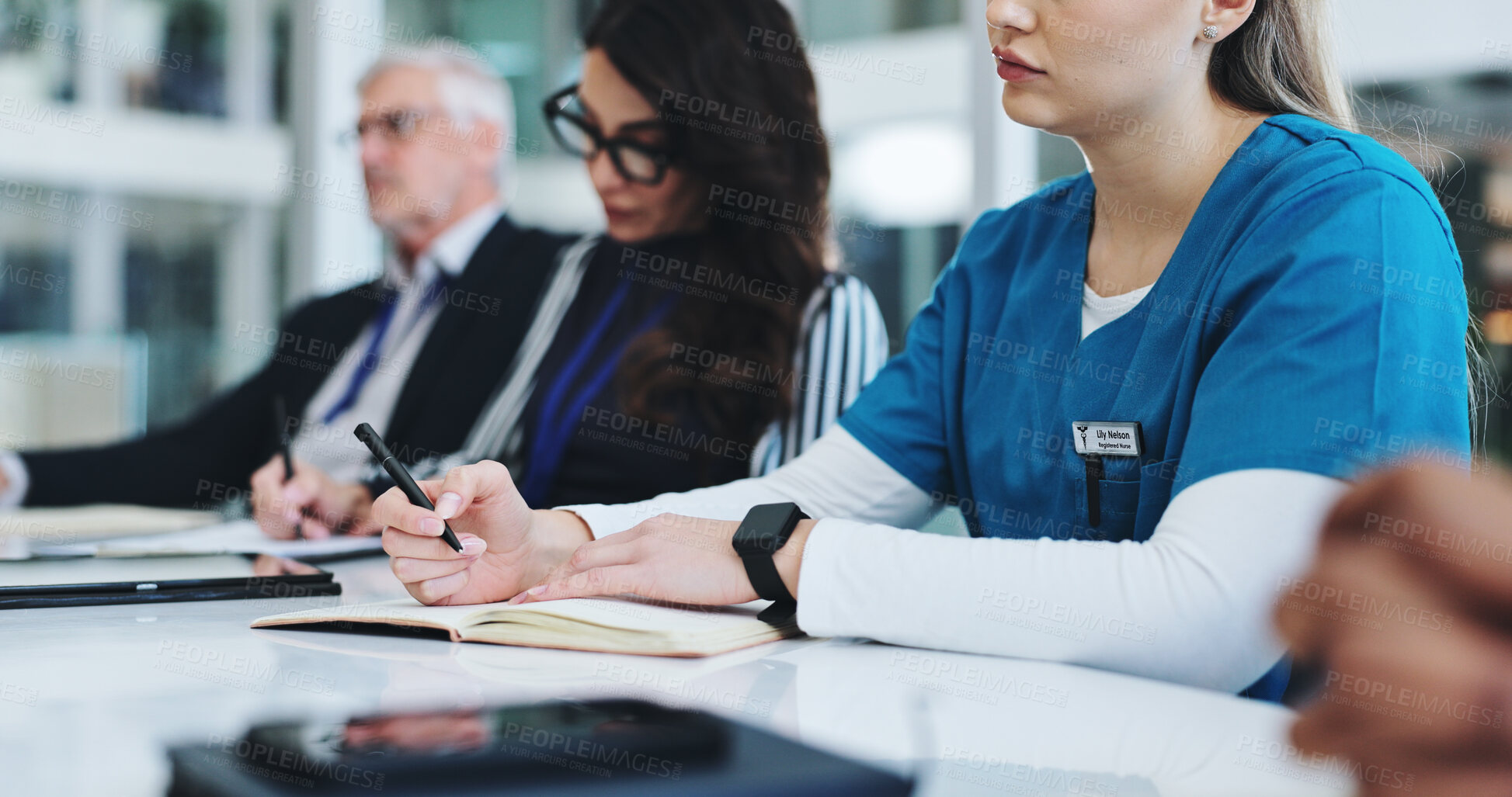 Buy stock photo Writing notes, meeting and hands of doctors in hospital with research for IRB approval for surgery. Healthcare, information and medical team in discussion for pharmaceutical update for treatment.