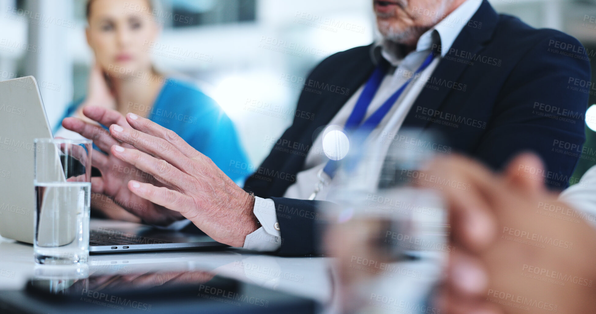 Buy stock photo Hands, meeting and board director in hospital with research for IRB approval for surgery. Healthcare, laptop and medical team in discussion for pharmaceutical science update for treatment in clinic.