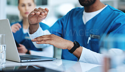 Buy stock photo Laptop, discussion and hands of doctors in hospital with research for IRB approval for surgery. Healthcare, tech and medical team in meeting for pharmaceutical science update for treatment in clinic.