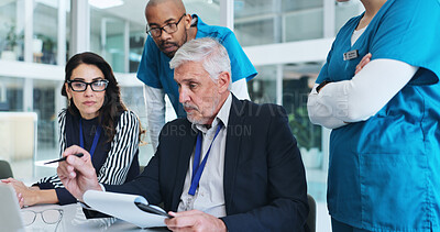 Buy stock photo Medical team, people and meeting at boardroom on laptop for report, results and feedback on healthcare project. Hospital, coworking and employees on discussion for brainstorming, planning or strategy