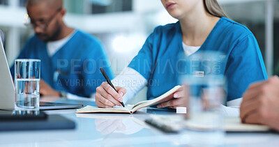 Buy stock photo Notebook, meeting and hands of doctors in hospital with research for IRB approval for surgery. Healthcare, tech and medical team in discussion for pharmaceutical update for treatment in clinic.