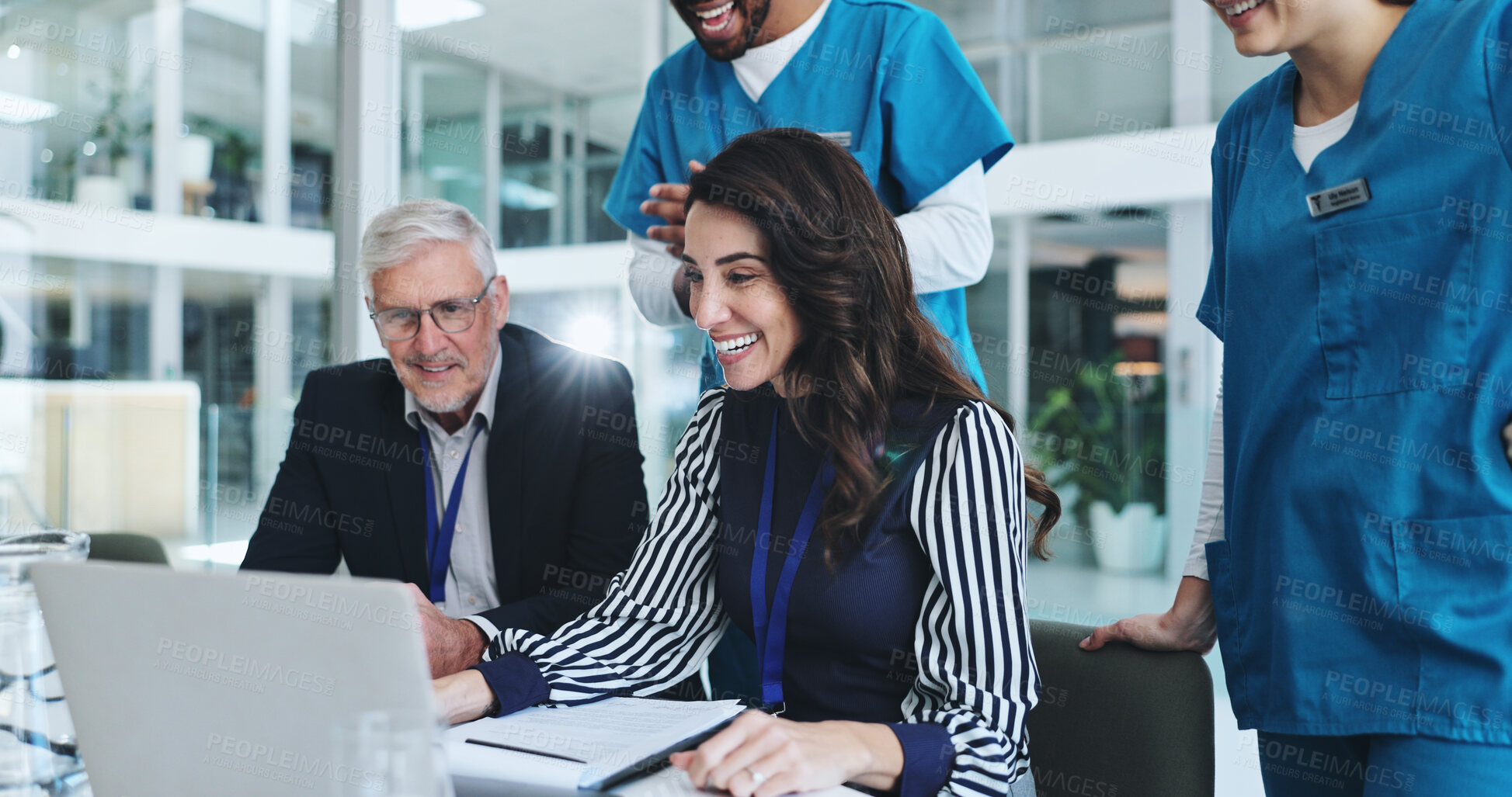 Buy stock photo People, medical team and laptop for video call, advice and discussion for surgery or patient records. Doctor, technology and professional opinion for help, results and health in clinic or hospital