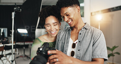 Photography, team and smile with people in studio for magazine production, backstage and editing. Artist, photoshoot and creative with man and woman for ecommerce catalog, shooting and picture
